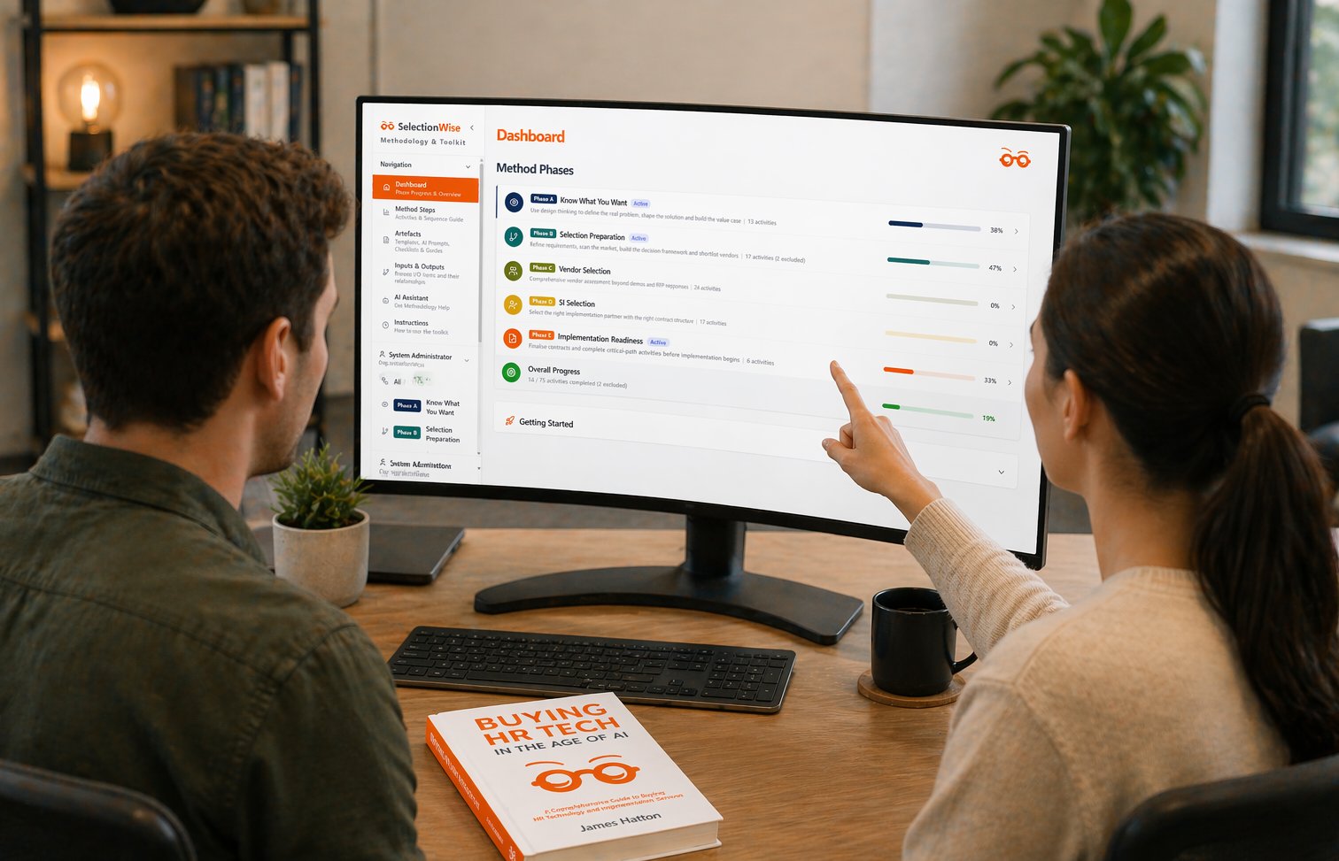 Two HR technology professionals reviewing the SelectionWise methodology phases on screen, with Buying HR Tech in the Age of AI book in the foreground